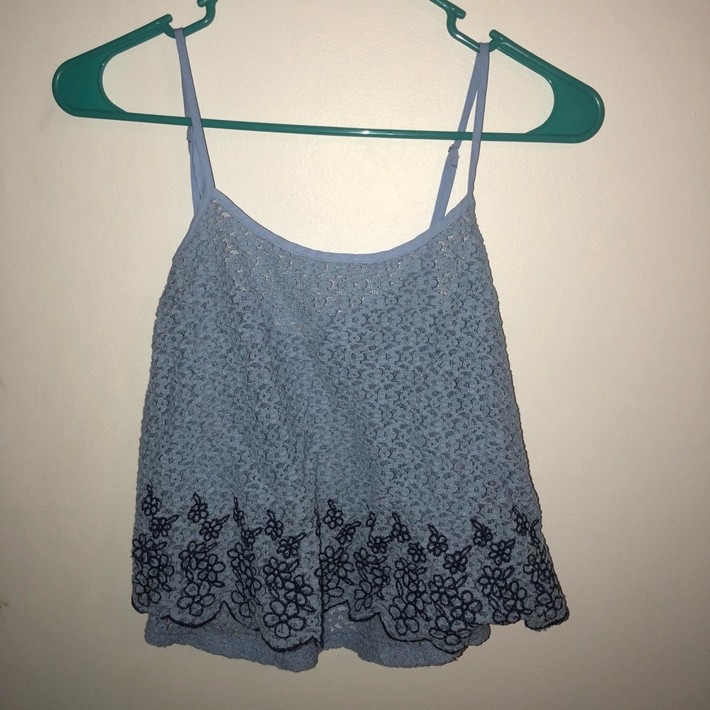 Blue sheer tank top with dark blue flowers